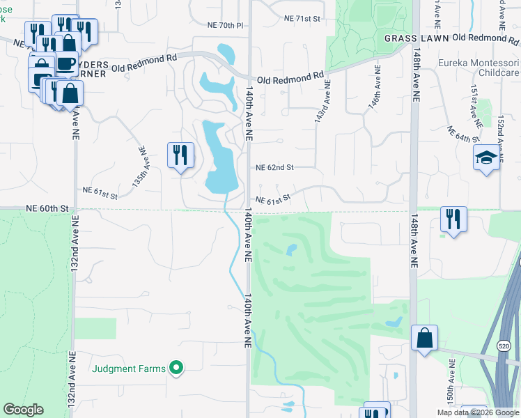 map of restaurants, bars, coffee shops, grocery stores, and more near 6102 140th Court Northeast in Redmond