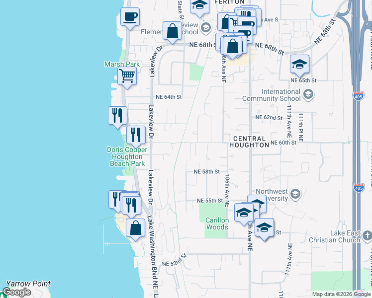 map of restaurants, bars, coffee shops, grocery stores, and more near 10403 Northeast 60th Street in Kirkland