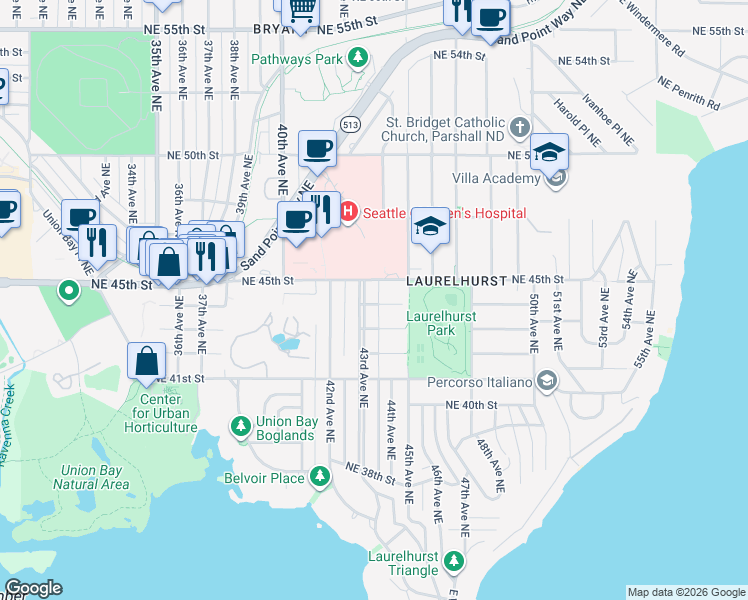 map of restaurants, bars, coffee shops, grocery stores, and more near 4411 43rd Avenue Northeast in Seattle