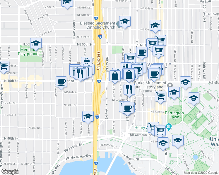 map of restaurants, bars, coffee shops, grocery stores, and more near 714 Northeast 45th Street in Seattle