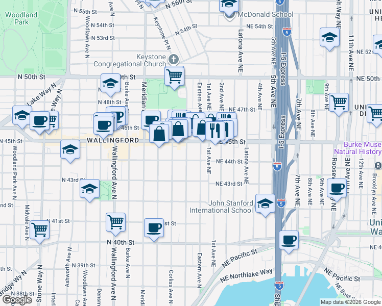 map of restaurants, bars, coffee shops, grocery stores, and more near in Seattle