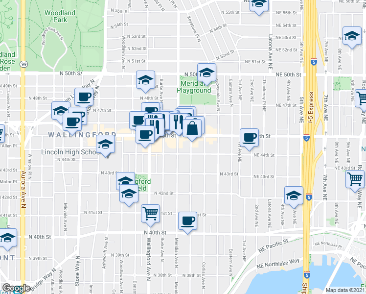 map of restaurants, bars, coffee shops, grocery stores, and more near 1919 North 45th Street in Seattle