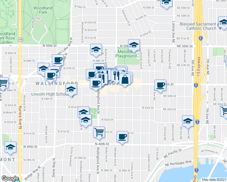 map of restaurants, bars, coffee shops, grocery stores, and more near 1919 North 45th Street in Seattle