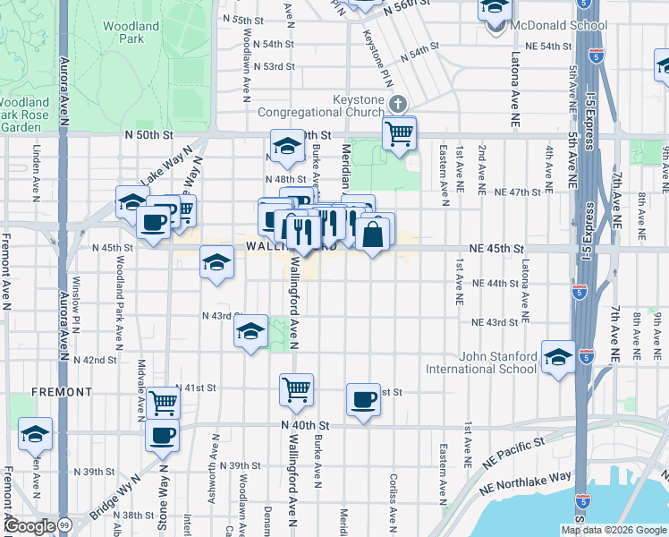 map of restaurants, bars, coffee shops, grocery stores, and more near 1919 North 45th Street in Seattle