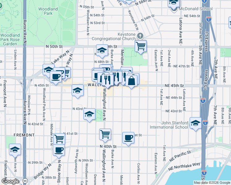 map of restaurants, bars, coffee shops, grocery stores, and more near 1919 North 45th Street in Seattle