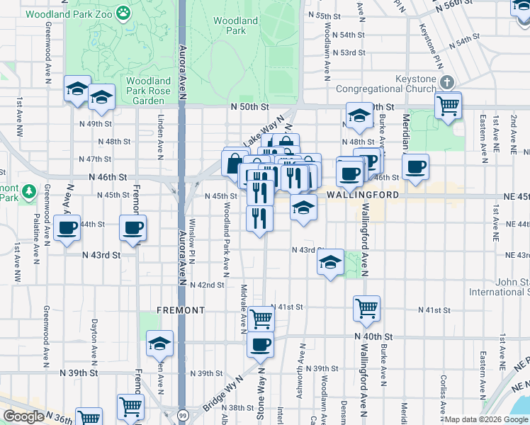 map of restaurants, bars, coffee shops, grocery stores, and more near 1218 North Allen Place in Seattle