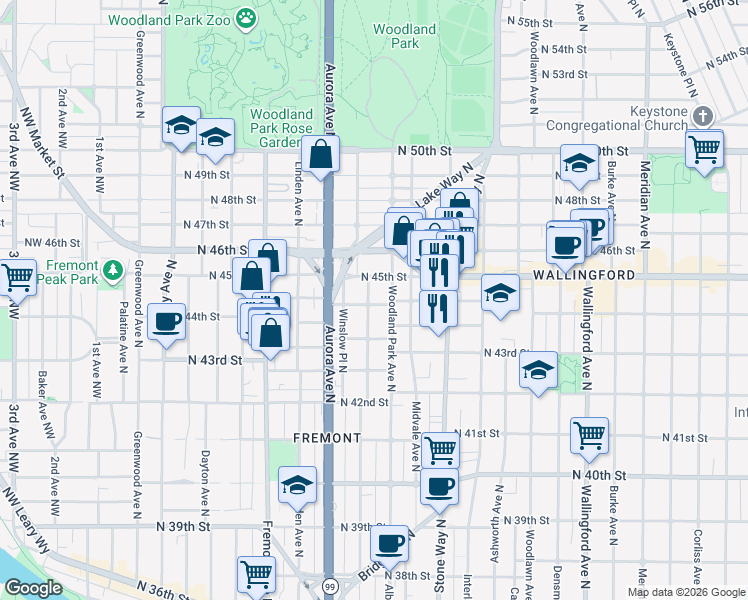 map of restaurants, bars, coffee shops, grocery stores, and more near 4463 Whitman Avenue North in Seattle