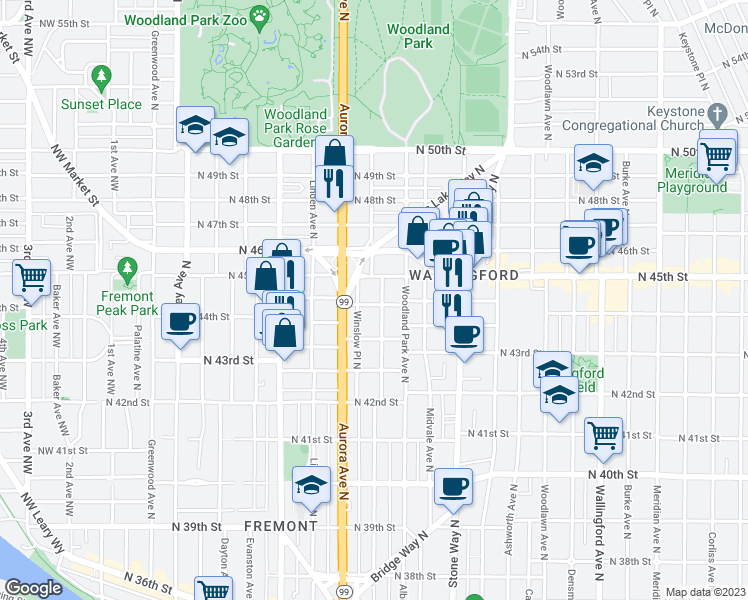 map of restaurants, bars, coffee shops, grocery stores, and more near 4463 Whitman Avenue North in Seattle