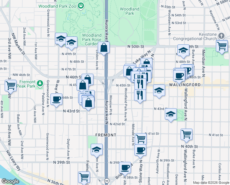 map of restaurants, bars, coffee shops, grocery stores, and more near 4463 Whitman Avenue North in Seattle