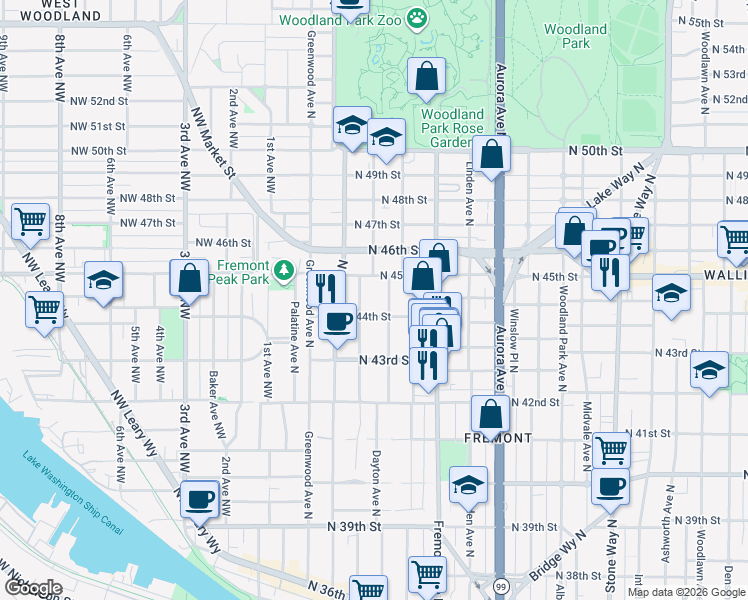 map of restaurants, bars, coffee shops, grocery stores, and more near 4426 Dayton Avenue North in Seattle
