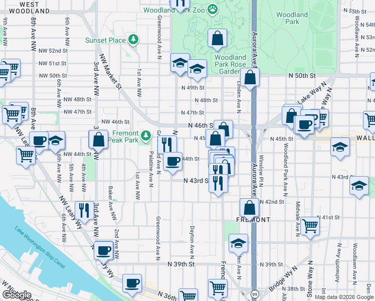 map of restaurants, bars, coffee shops, grocery stores, and more near in Seattle