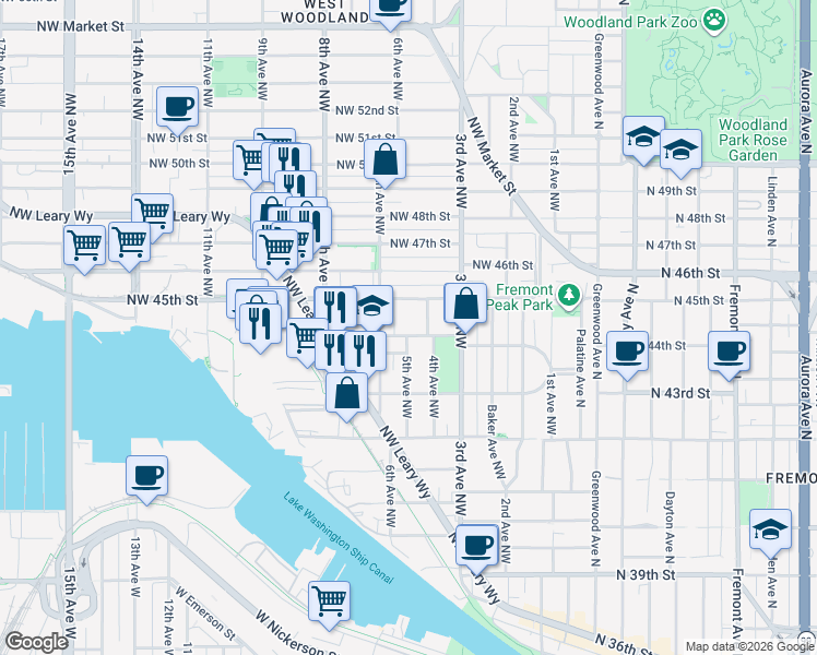map of restaurants, bars, coffee shops, grocery stores, and more near 4417 4th Avenue Northwest in Seattle