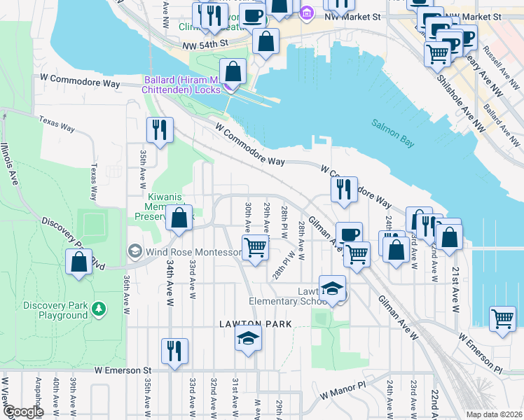 map of restaurants, bars, coffee shops, grocery stores, and more near 4429 29th Avenue West in Seattle