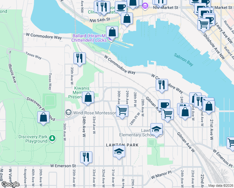 map of restaurants, bars, coffee shops, grocery stores, and more near 4424 31st Avenue West in Seattle