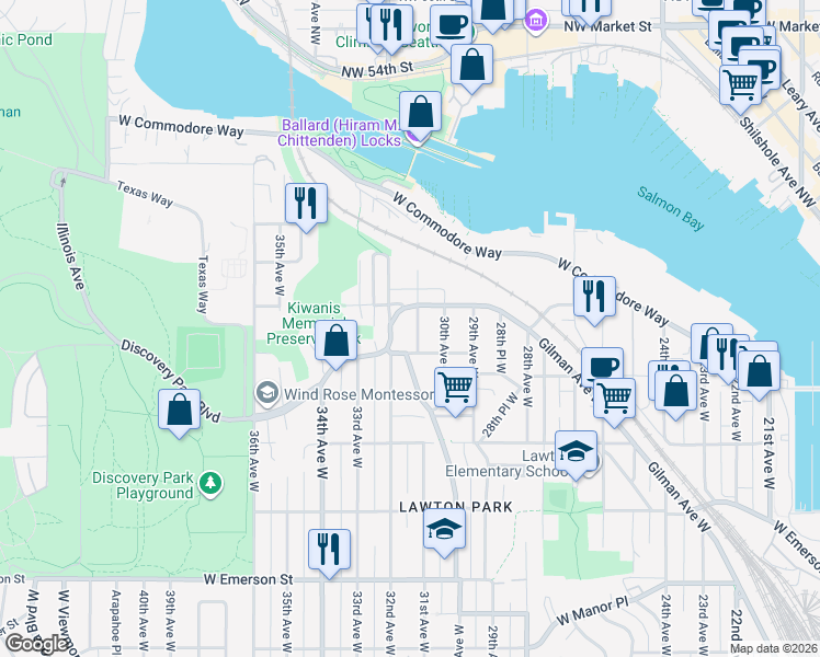 map of restaurants, bars, coffee shops, grocery stores, and more near 4424 31st Avenue West in Seattle