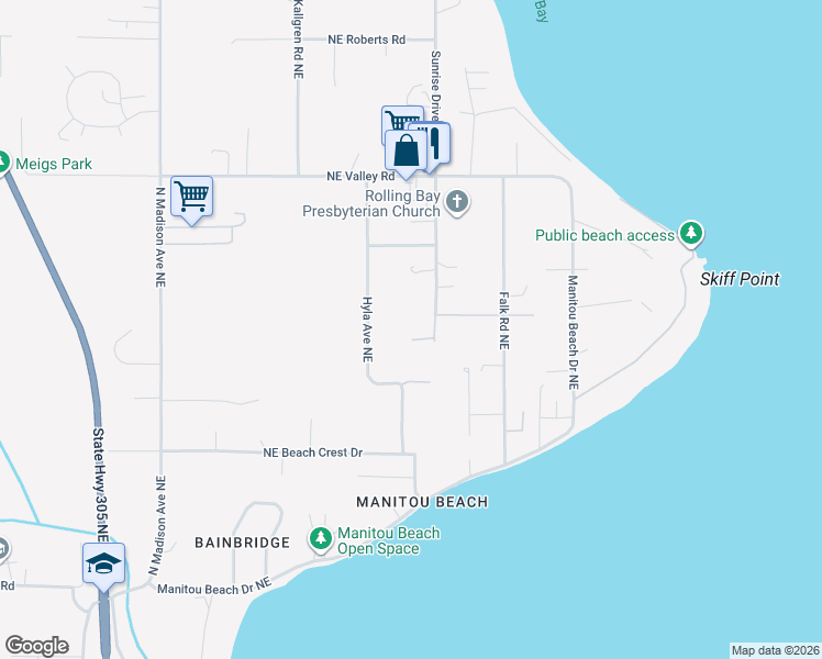 map of restaurants, bars, coffee shops, grocery stores, and more near 10781 Sunrise Drive Northeast in Bainbridge Island