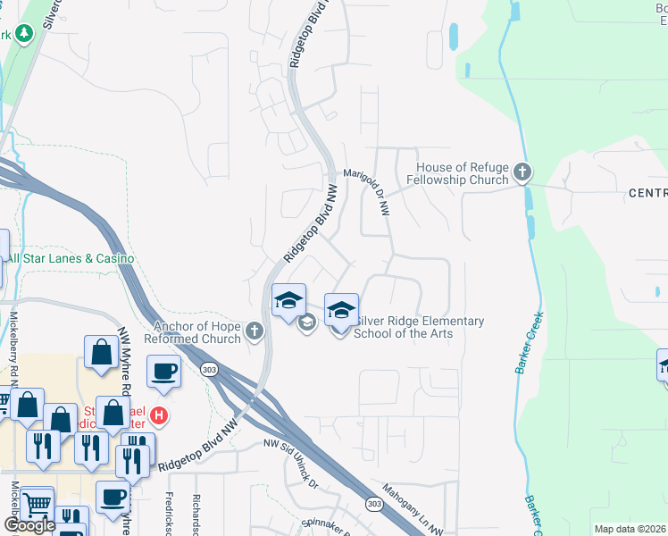 map of restaurants, bars, coffee shops, grocery stores, and more near 1375 Northwest Derryfield Drive in Silverdale