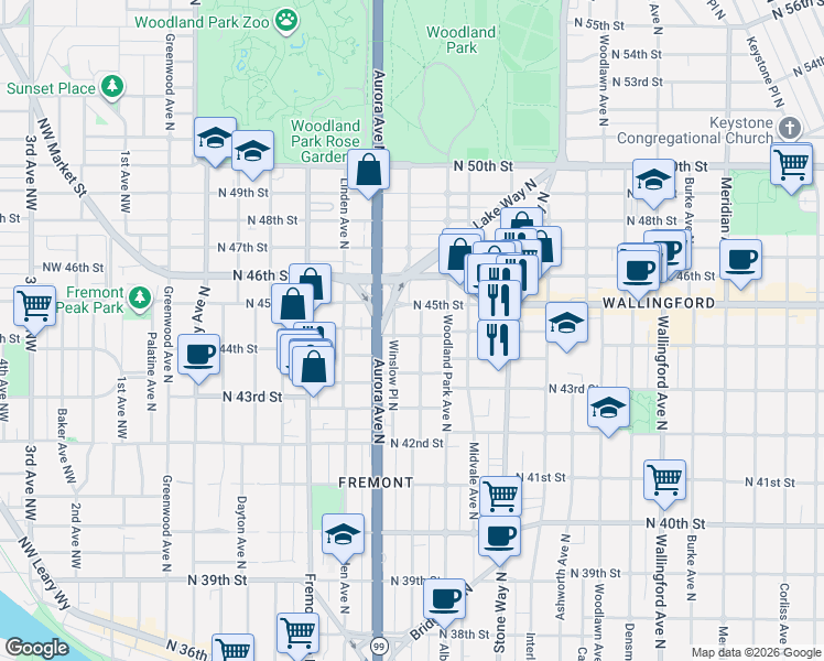 map of restaurants, bars, coffee shops, grocery stores, and more near 4463 Whitman Avenue North in Seattle