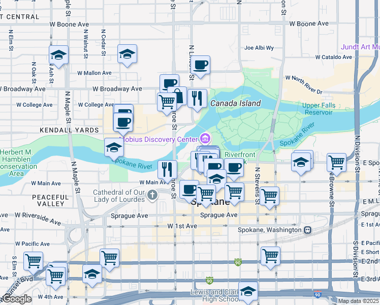 map of restaurants, bars, coffee shops, grocery stores, and more near in Spokane
