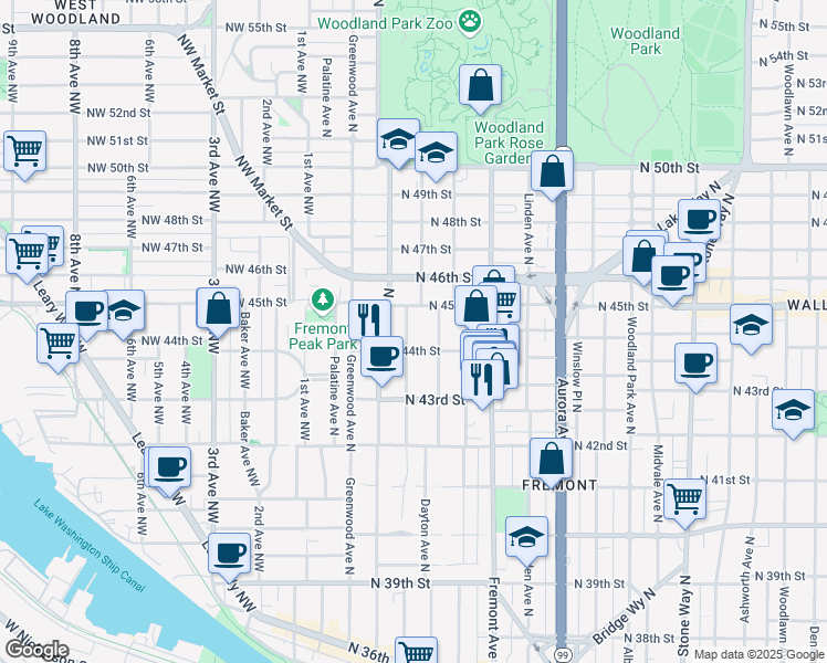 map of restaurants, bars, coffee shops, grocery stores, and more near in Seattle