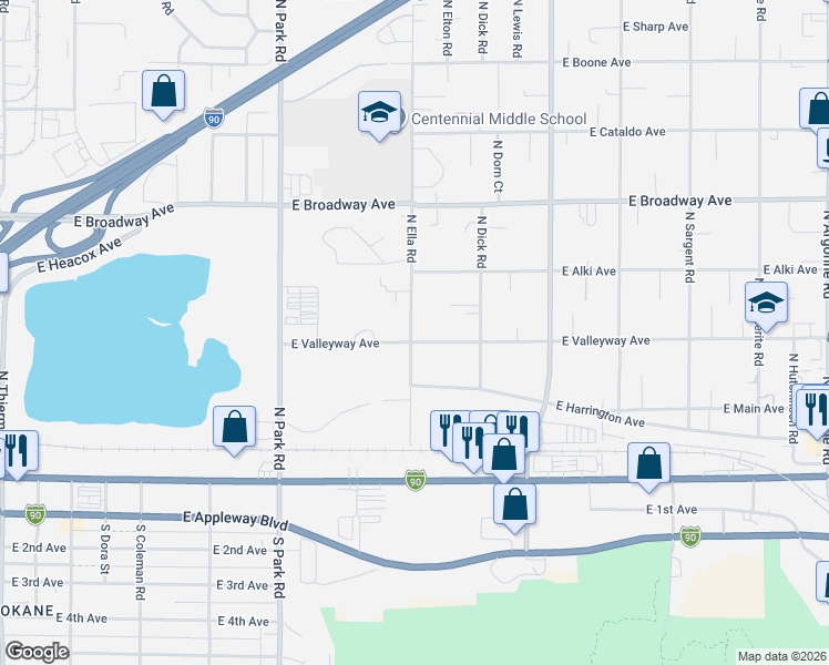 map of restaurants, bars, coffee shops, grocery stores, and more near 414 North Ella Road in Spokane Valley