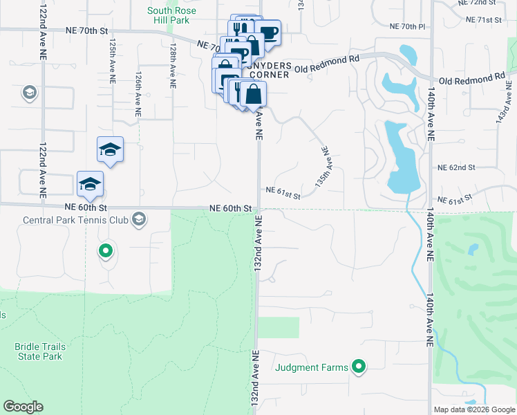 map of restaurants, bars, coffee shops, grocery stores, and more near 3309 132nd Avenue Northeast in Kirkland