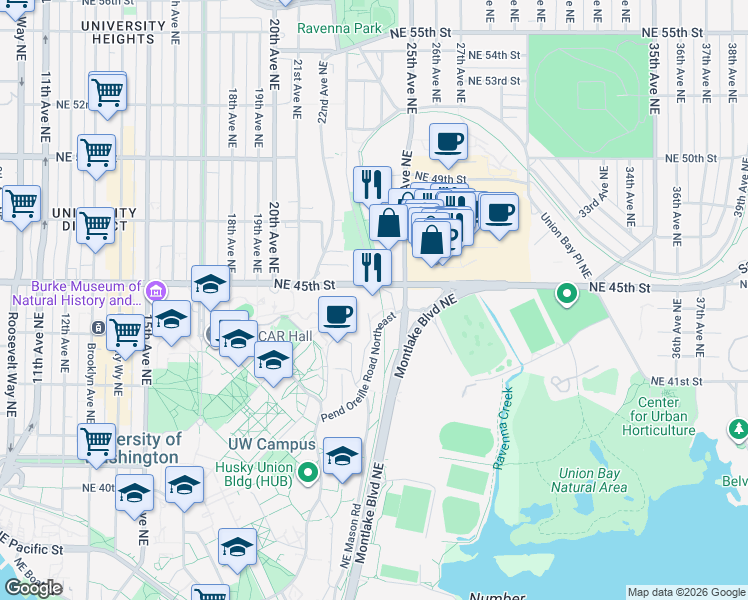 map of restaurants, bars, coffee shops, grocery stores, and more near 2201 Northeast 45th Street in Seattle