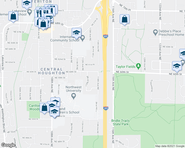 map of restaurants, bars, coffee shops, grocery stores, and more near 5915 114th Avenue Northeast in Kirkland