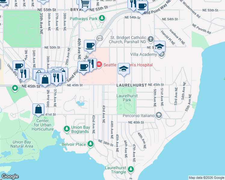 map of restaurants, bars, coffee shops, grocery stores, and more near 4326 Northeast 44th Street in Seattle
