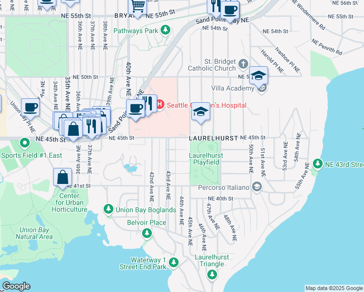 map of restaurants, bars, coffee shops, grocery stores, and more near 4326 Northeast 44th Street in Seattle