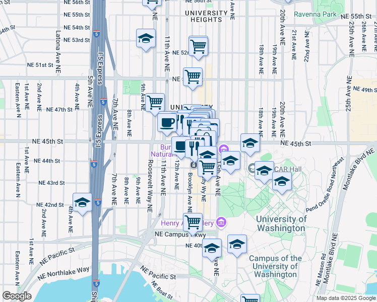 map of restaurants, bars, coffee shops, grocery stores, and more near 4328 Brooklyn Avenue Northeast in Seattle