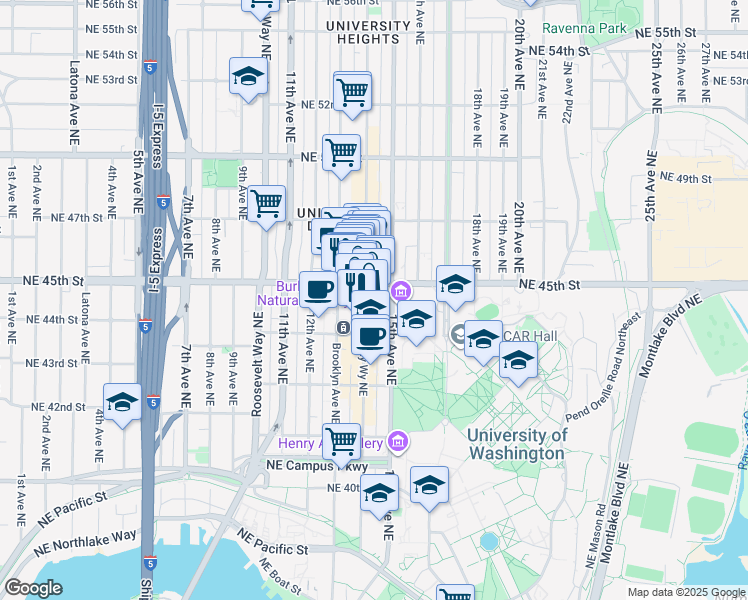 map of restaurants, bars, coffee shops, grocery stores, and more near 4332 University Way Northeast in Seattle