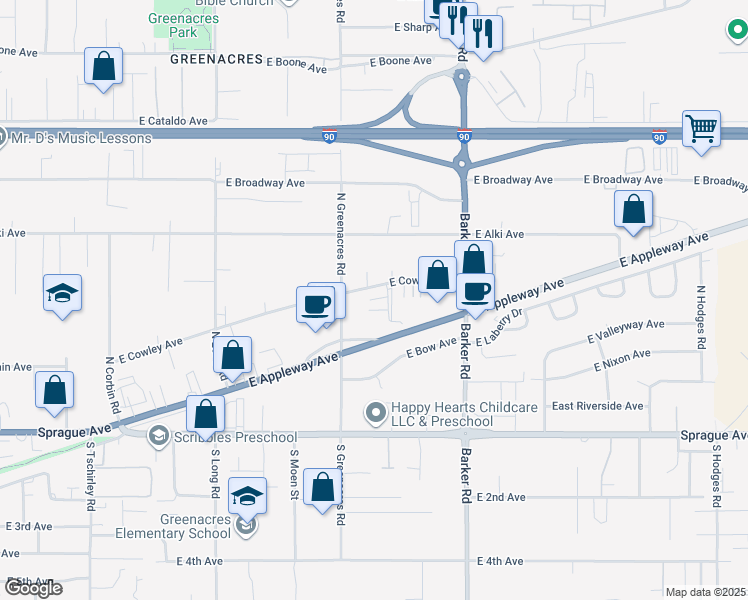 map of restaurants, bars, coffee shops, grocery stores, and more near 18404 East Cowley Avenue in Spokane Valley