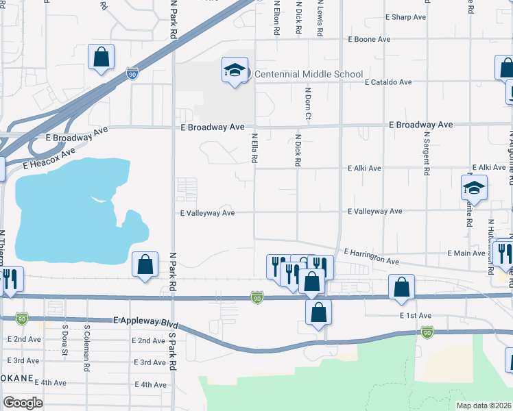 map of restaurants, bars, coffee shops, grocery stores, and more near 414 North Ella Road in Spokane Valley