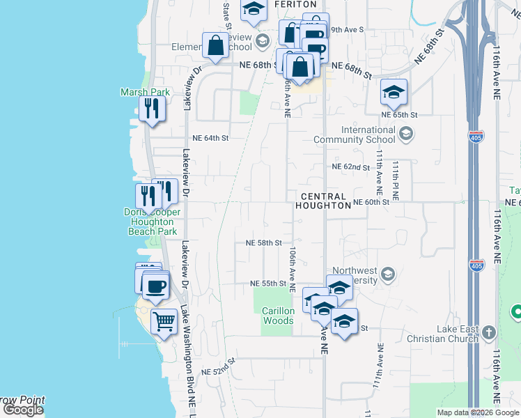 map of restaurants, bars, coffee shops, grocery stores, and more near 10423 Northeast 60th Street in Kirkland