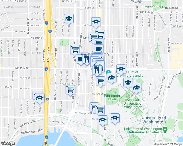 map of restaurants, bars, coffee shops, grocery stores, and more near in Seattle