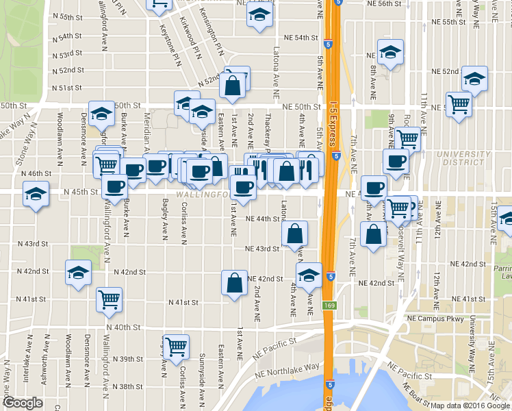 map of restaurants, bars, coffee shops, grocery stores, and more near 4427 Thackeray Place Northeast in Seattle