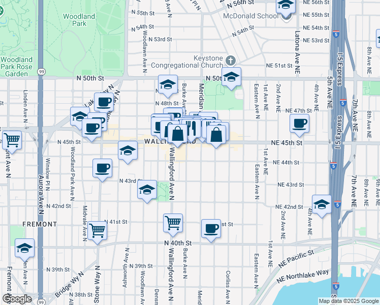map of restaurants, bars, coffee shops, grocery stores, and more near 1919 North 45th Street in Seattle