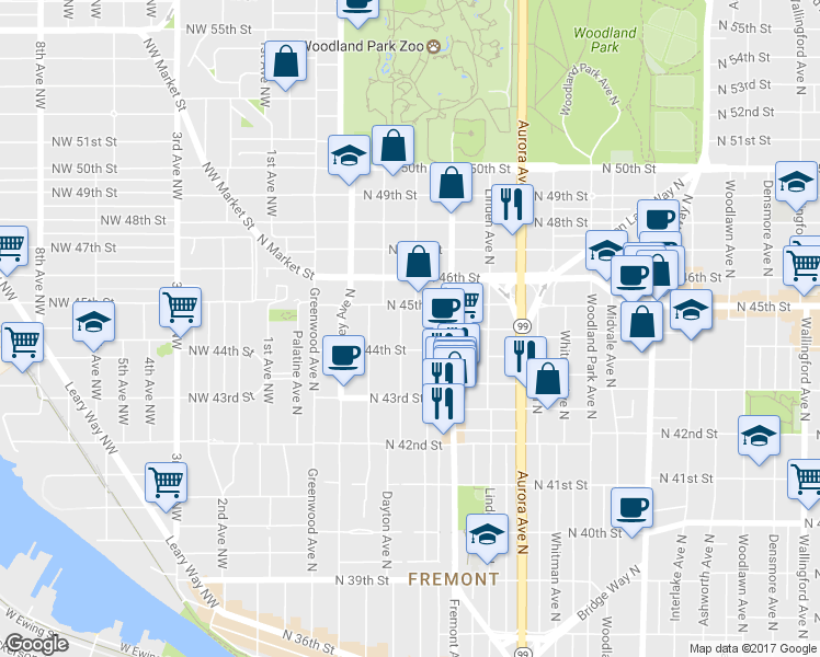 map of restaurants, bars, coffee shops, grocery stores, and more near 4426 Dayton Avenue North in Seattle