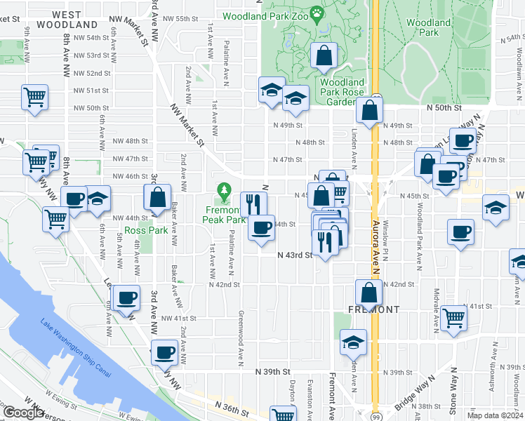 map of restaurants, bars, coffee shops, grocery stores, and more near 4423 Francis Avenue North in Seattle