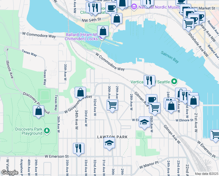 map of restaurants, bars, coffee shops, grocery stores, and more near 4427 30th Avenue West in Seattle