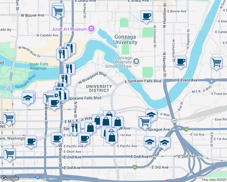 map of restaurants, bars, coffee shops, grocery stores, and more near East Spokane Falls Boulevard in Spokane