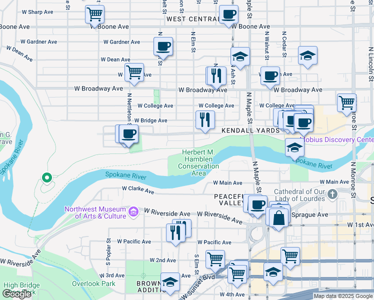 map of restaurants, bars, coffee shops, grocery stores, and more near 1913 West Ohio Avenue in Spokane