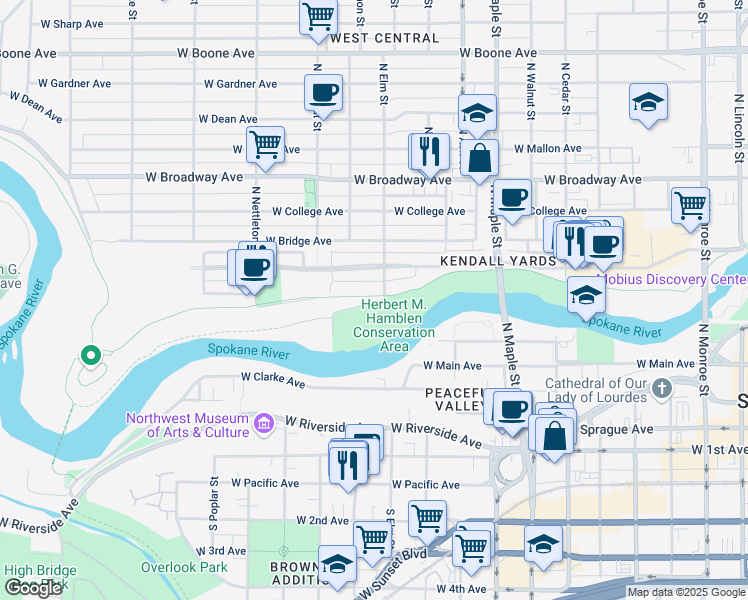 map of restaurants, bars, coffee shops, grocery stores, and more near 1913 West Ohio Avenue in Spokane