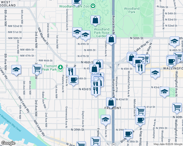 map of restaurants, bars, coffee shops, grocery stores, and more near 4425 Fremont Avenue North in Seattle