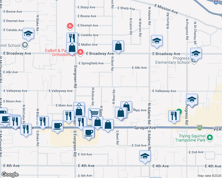 map of restaurants, bars, coffee shops, grocery stores, and more near 14220 East Valleyway Avenue in Spokane Valley