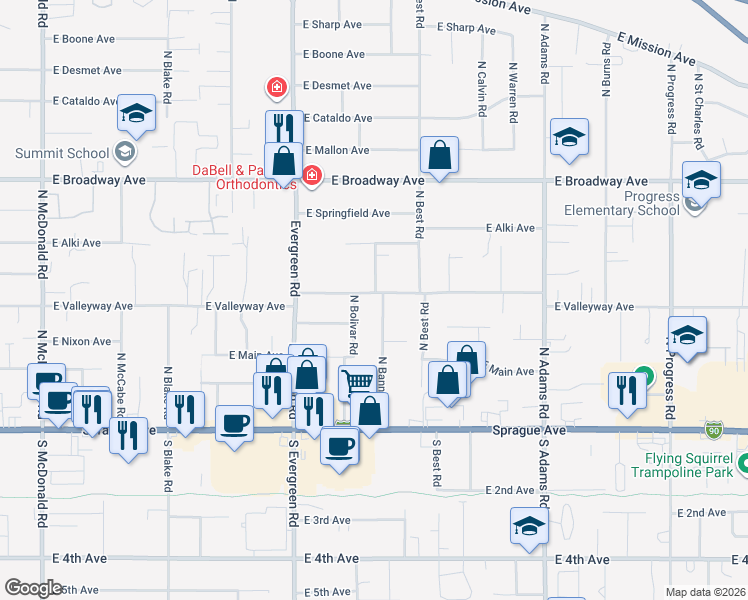 map of restaurants, bars, coffee shops, grocery stores, and more near 14114 East Valleyway Avenue in Spokane Valley