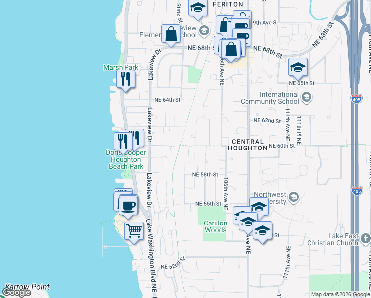 map of restaurants, bars, coffee shops, grocery stores, and more near 10403 Northeast 60th Street in Kirkland