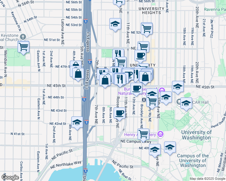 map of restaurants, bars, coffee shops, grocery stores, and more near 811 Northeast 45th Street in Seattle