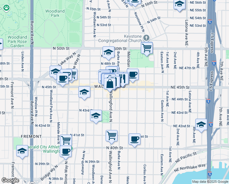 map of restaurants, bars, coffee shops, grocery stores, and more near 1815 North 45th Street in Seattle